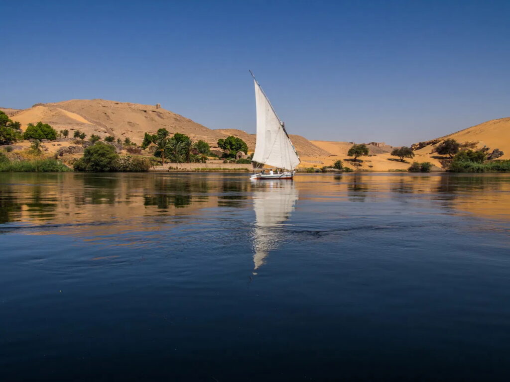 West Suhail village and Nile River boats in Baswan, South Egypt, August 2014