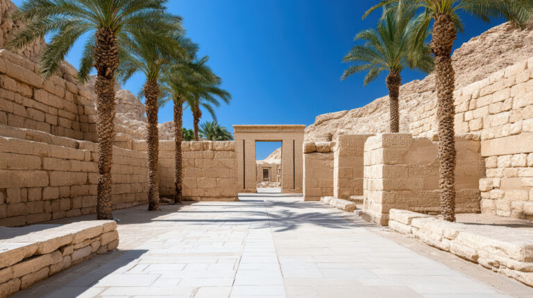 A serene view of ancient stone ruins framed by tall palm trees