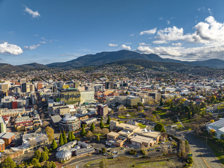 Aerial view of Hobart city with Mount Wellington in the background