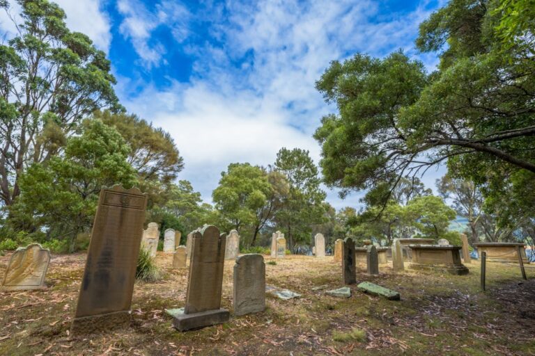Historic cemetery with headstones surrounded by lush trees in Australia
