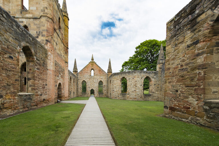 Ruins of the church at Port Arthur Historic Site in Tasmania.
