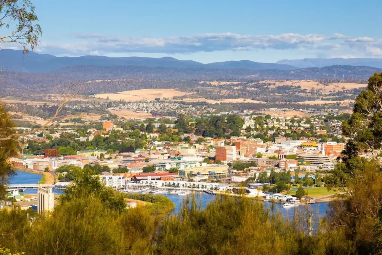 Aerial view of Launceston, Tasmania with mountains in the background
