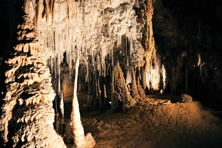 Stalactites and stalagmites in Marakoopa Cave, Australia