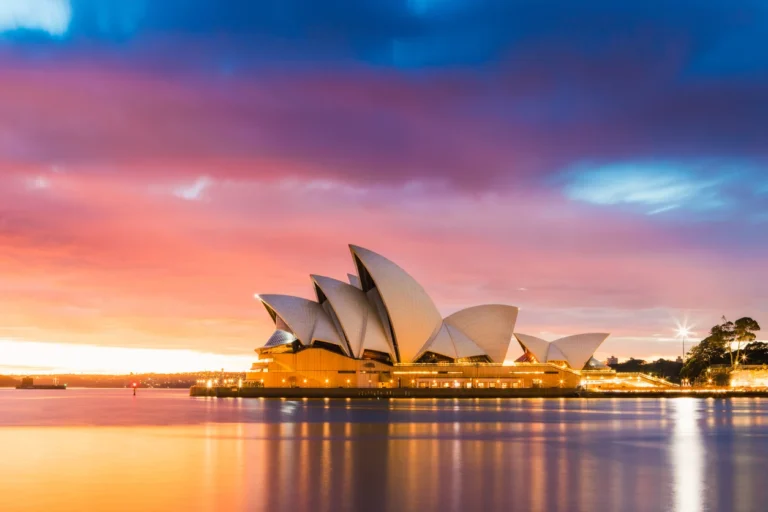 Sydney Opera House at sunset with colorful sky