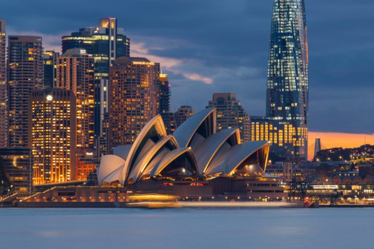 Sydney Opera House with city skyline at dusk