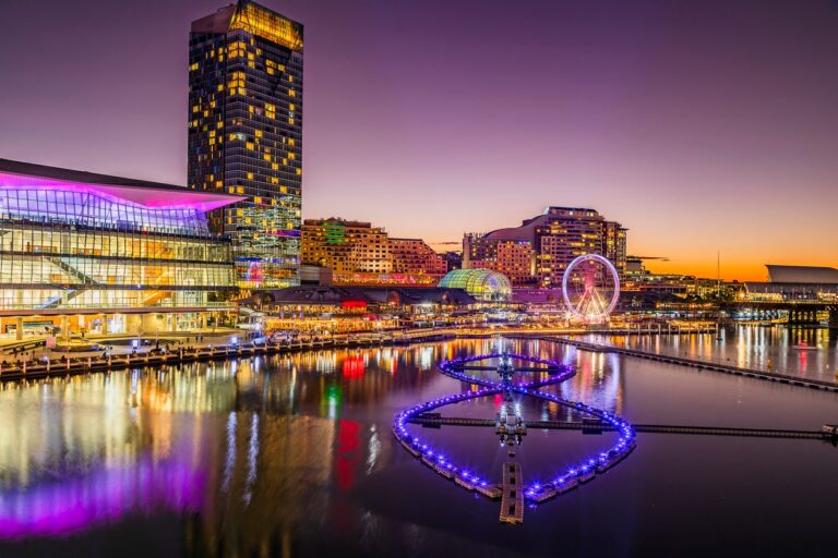 Darling Harbour Sydney at night with colorful lights.