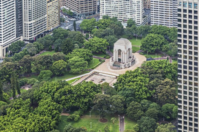 Aerial view of Hyde Park and Anzac Memorial in Sydney.