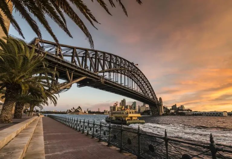 Sydney Harbour Bridge and Opera House at sunset.