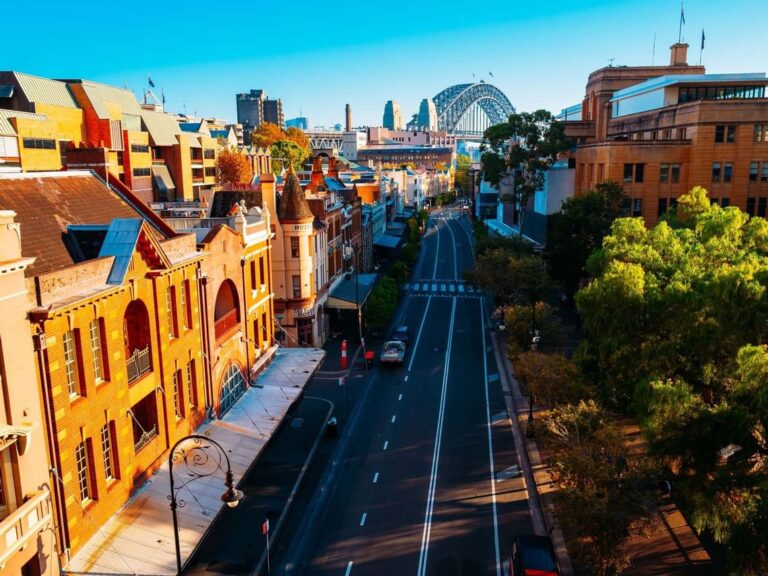 Scenic view of The Rocks in Sydney with Sydney Harbour Bridge