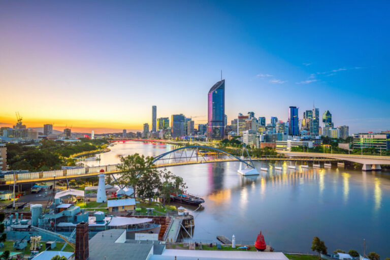 Brisbane city skyline at sunset