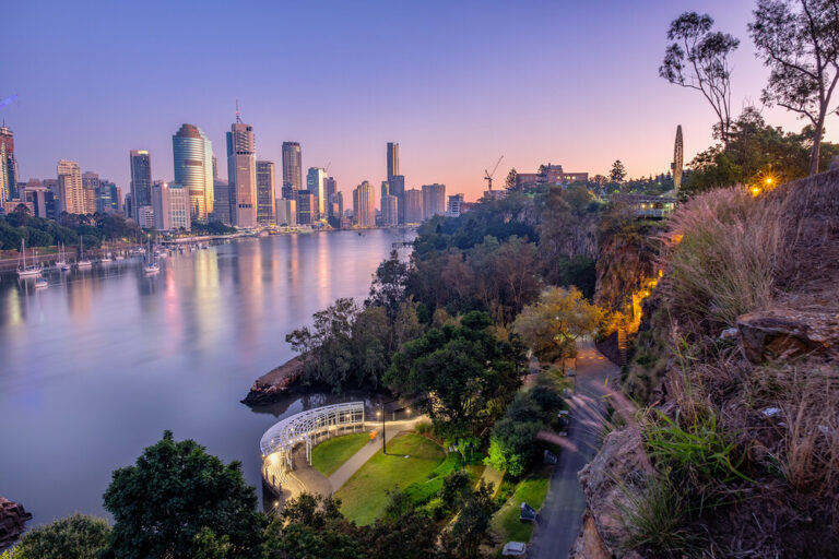 Brisbane cityscape view from Kangaroo Point at dusk.