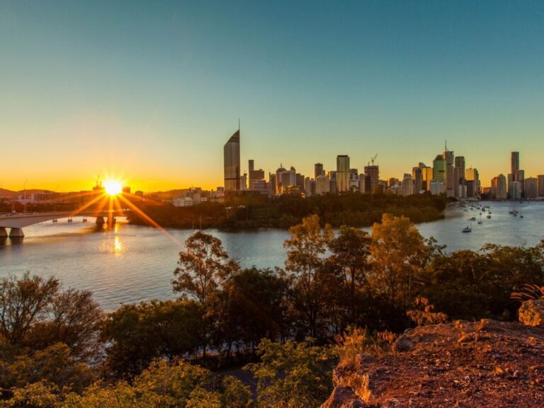Brisbane skyline at sunset from Kangaroo Point