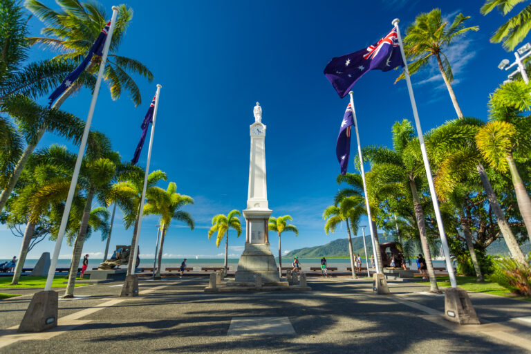 War memorial with Australian flags at Cairns Esplanade