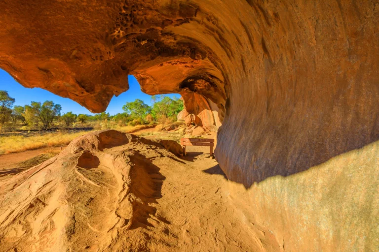 View from inside a rock formation at Uluru, Australia.