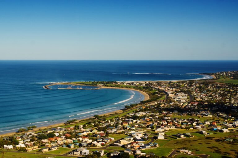 Aerial view of Apollo Bay, a coastal town in Victoria, Australia.