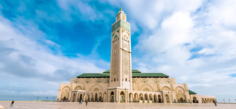 Hassan II Mosque in Casablanca with blue sky background
