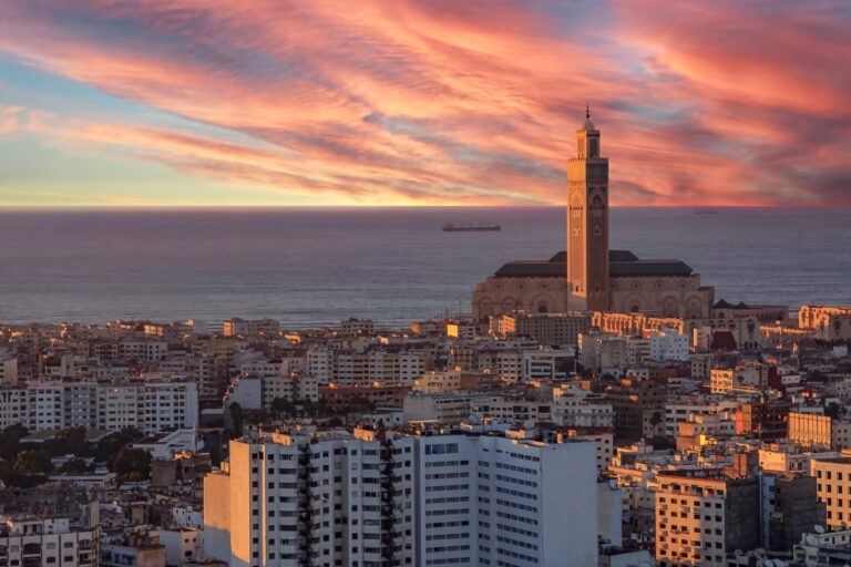 Sunset view of Hassan II Mosque in Casablanca.