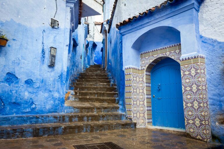 Blue-painted street in Chefchaouen, Morocco