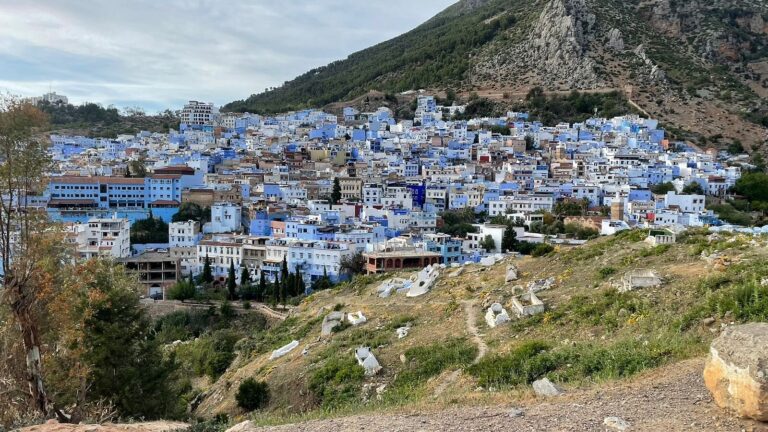 Panoramic view of Chefchaouen, Morocco with blue-painted buildings.