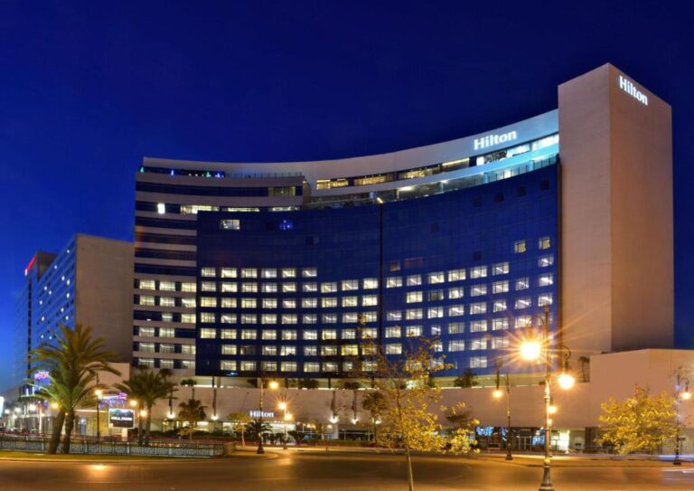Night view of Hilton Hotel in Morocco