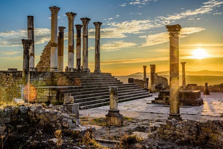 Roman ruins of Volubilis at sunset in Morocco