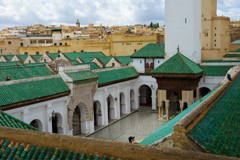 Al-Qarawiyyin Mosque courtyard with green roofs in Fez, Morocco