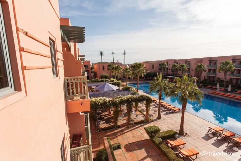 View of Jaal Riad resort pool area in Morocco
