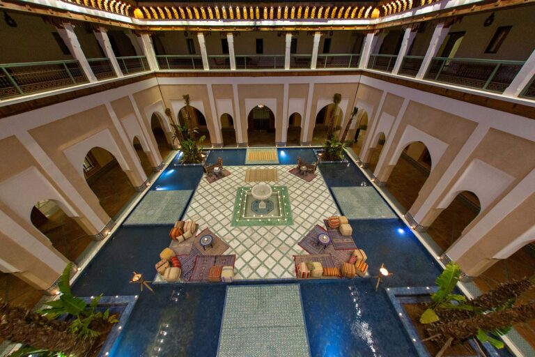 Traditional Moroccan courtyard with pool at Jaal Riad Resort.