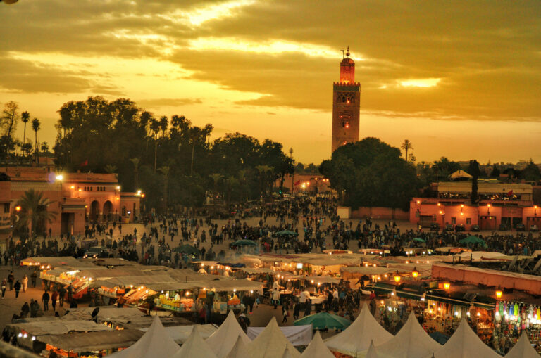 Jemaa el-Fnaa at sunset in Marrakech