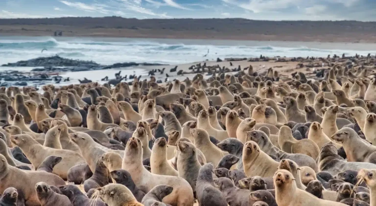 Large colony of Cape fur seals on the beach at Pelican Point, Namibia.