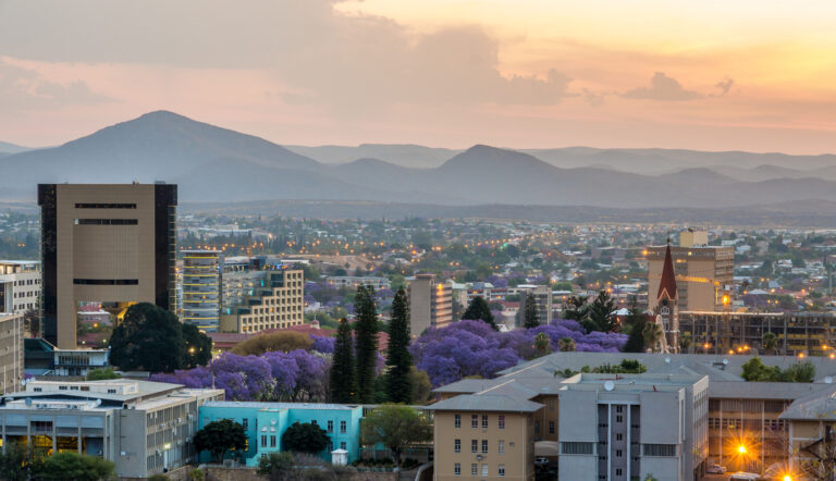 Windhoek cityscape with mountains at sunset