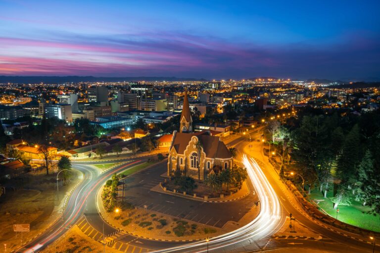 Windhoek cityscape at night with Christuskirche