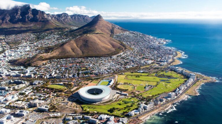 Aerial view of Cape Town with Table Mountain and Cape Town Stadium