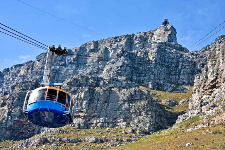 Cable car ascending Table Mountain in Cape Town.