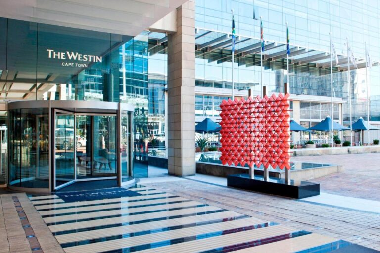 Entrance of The Westin Cape Town with modern sculpture.
