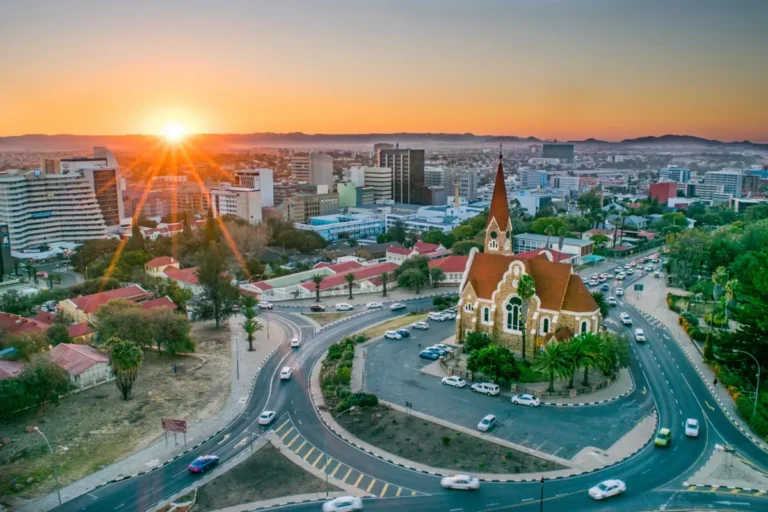 Christuskirche and cityscape of Windhoek at sunset