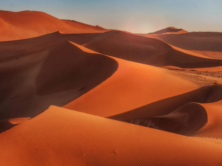 Red sand dunes in the Namib Desert at sunrise