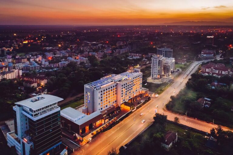 Aerial view of Radisson Blu Hotel Nairobi at sunset.