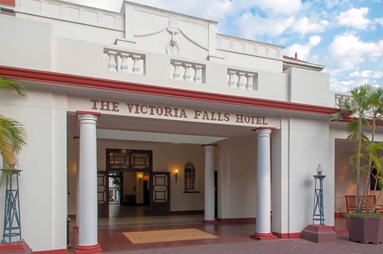 Entrance of The Victoria Falls Hotel in colonial style.