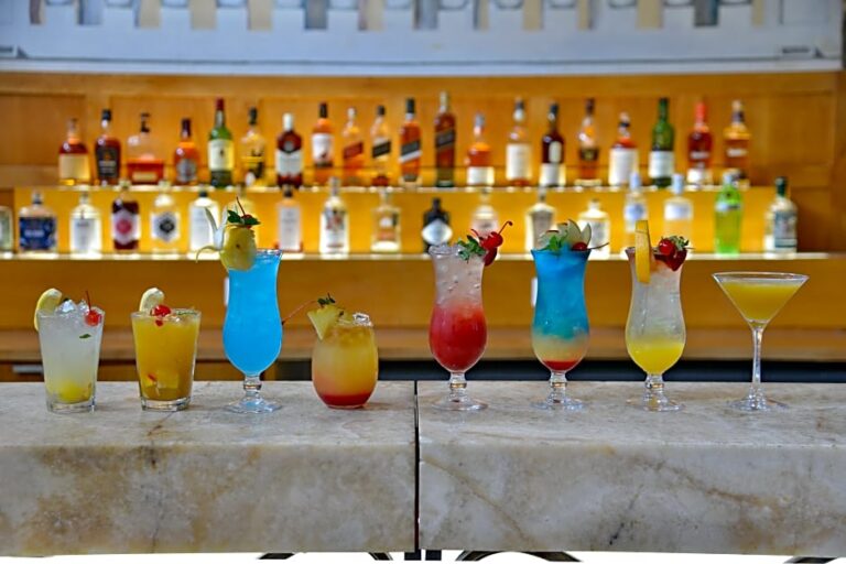 Colorful cocktails at a resort bar.