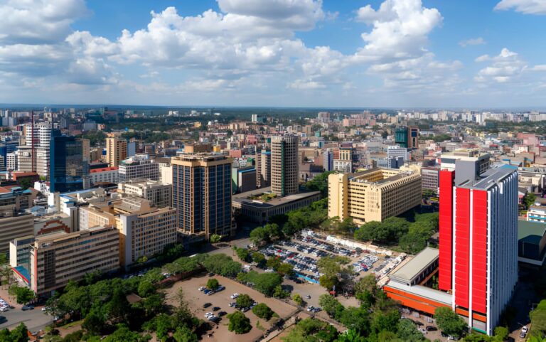 Aerial view of Nairobi cityscape with skyscrapers