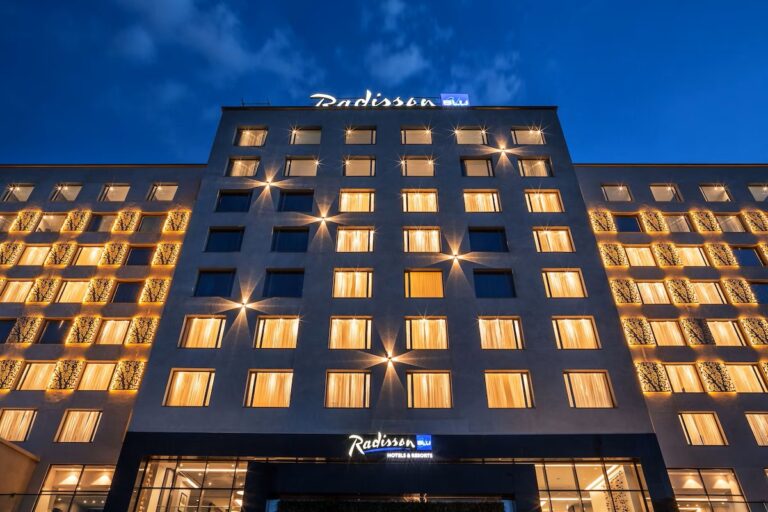 Radisson Blu Hotel illuminated at night