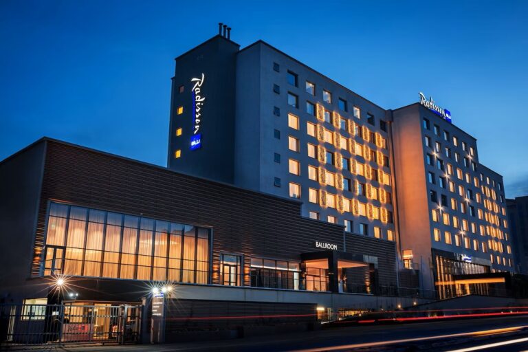 Radisson Blu Hotel lit up at night