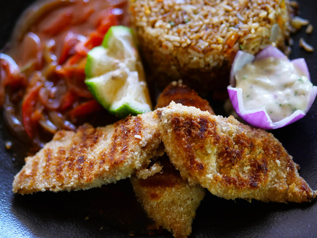 Fried fish with rice and sauce at Lake Bogoria Hotel
