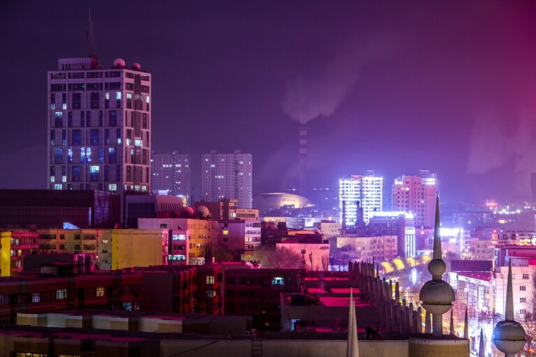 Urumqi cityscape at night with colorful lights