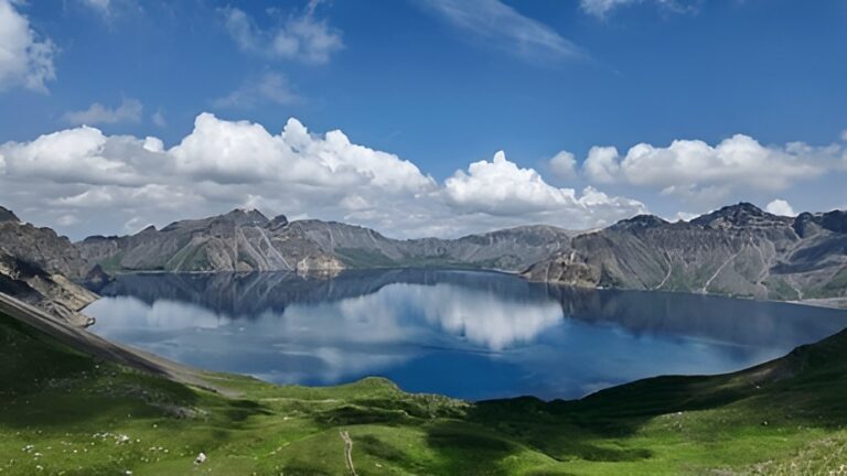 Scenic view of Tianchi Heaven Lake surrounded by mountains.