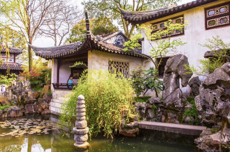 Traditional Chinese garden with pond and rockery