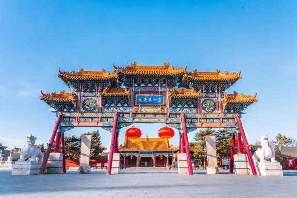 Dazhao Temple gate in Inner Mongolia with red lanterns