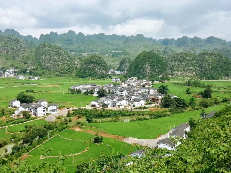 A scenic view of Wanfenglin with karst mountains and a village.