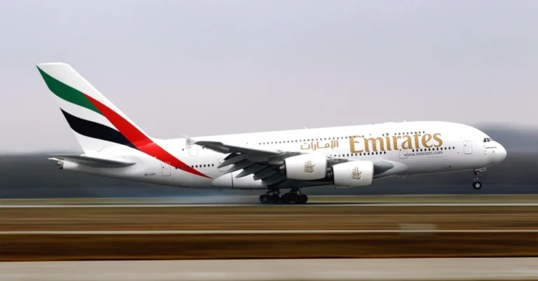 Emirates Airbus A380 taking off on runway